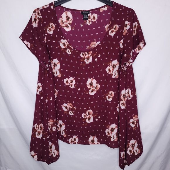 Torrid Blouse Womens 1X Burgundy Floral Print Chiffon - Picture 1 of 10